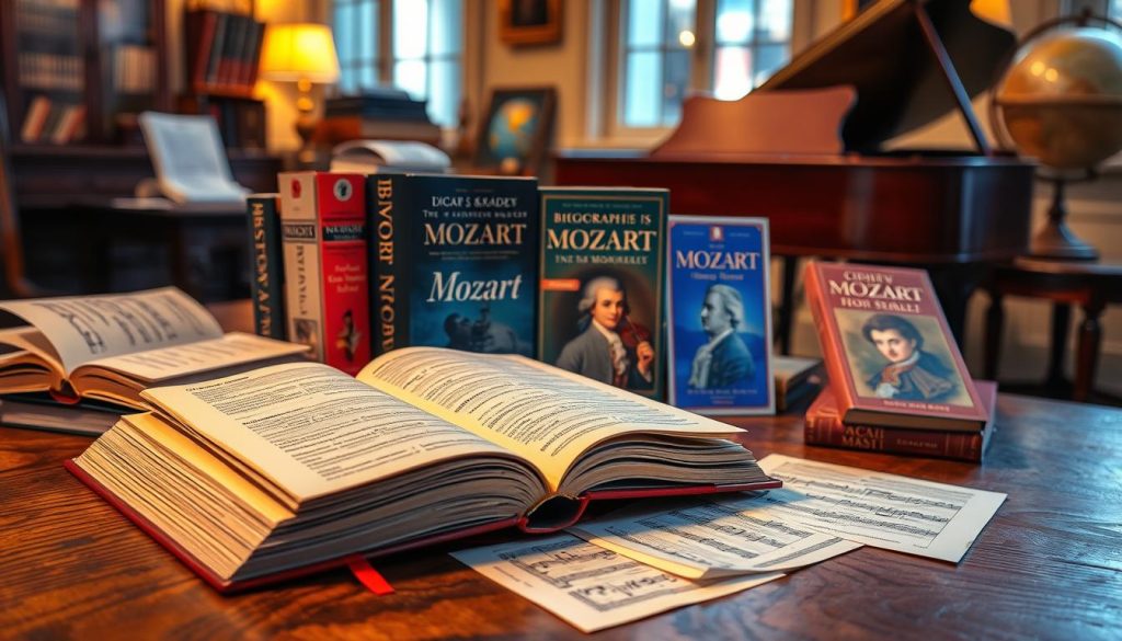 An elegant display of biographies and reference books about Mozart arranged on a richly textured wooden table. In the foreground, a detailed close-up of an open book with ornate pages and sheet music scattered around. The middle layer features several colorful book covers showcasing titles about Mozart, with gold lettering and illustrations of the composer. The background has a softly lit, classical study setting with a grand piano and a vintage globe, hinting at a scholarly atmosphere. Warm, ambient lighting enhances the inviting mood, inviting viewers to explore the world of Mozart’s life and music. Capture this scene from a slightly elevated angle to provide depth and interest, creating a vibrant yet serene environment for understanding the genius of Mozart. An elegant display of biographies and reference books about Mozart arranged on a richly textured wooden table. In the foreground, a detailed close-up of an open book with ornate pages and sheet music scattered around. The middle layer features several colorful book covers showcasing titles about Mozart, with gold lettering and illustrations of the composer. The background has a softly lit, classical study setting with a grand piano and a vintage globe, hinting at a scholarly atmosphere. Warm, ambient lighting enhances the inviting mood, inviting viewers to explore the world of Mozart’s life and music. Capture this scene from a slightly elevated angle to provide depth and interest, creating a vibrant yet serene environment for understanding the genius of Mozart.