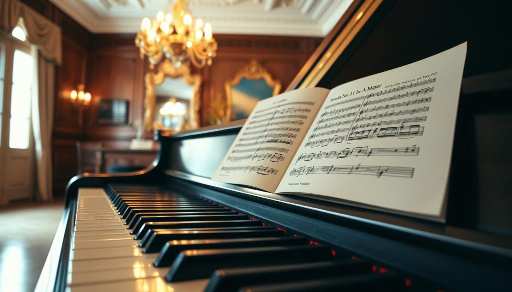 A classical piano setting featuring a grand piano in an elegant, softly lit room. In the foreground, a close-up of the piano keys, beautifully polished, emphasizing their ivory sheen. The middle ground showcases an open music sheet titled 'Sonata No. 11 in A Major K.331/300i', with delicate notes and annotations hand-written in a traditional style. In the background, an ornate chandelier casts warm, inviting light, highlighting rich wooden paneling and vintage decor resembling 18th-century European elegance. The atmosphere is serene and contemplative, evoking the feelings associated with Mozart's music. Capture this scene with a shallow depth of field to focus on the piano, using natural light to create soft shadows, emphasizing the classical ambiance.