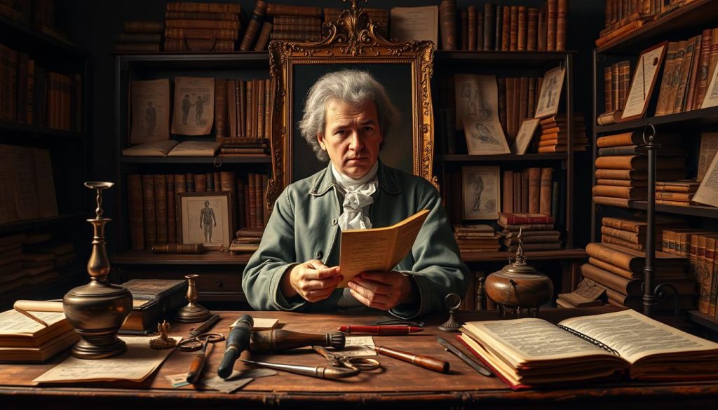 A composition illustrating the theme of "Maladies attribuées à Mozart." In the foreground, a vintage doctor’s desk cluttered with 18th-century medical instruments and manuscripts, symbolizing historical medical practices. In the middle, a portrait of Mozart, depicted thoughtfully, with a contemplative expression and dressed in period-appropriate attire, perhaps peering at a stack of notes conveying medical theories of his time. The background features a dimly lit room filled with shelves of old books and anatomical drawings, creating an atmosphere of inquiry and intrigue. Soft, warm lighting enhances the mood, casting gentle shadows to evoke a sense of mystery regarding the controversies surrounding his health. The lens angle is slightly tilted to suggest depth and perspective in this historical context. A composition illustrating the theme of "Maladies attribuées à Mozart." In the foreground, a vintage doctor’s desk cluttered with 18th-century medical instruments and manuscripts, symbolizing historical medical practices. In the middle, a portrait of Mozart, depicted thoughtfully, with a contemplative expression and dressed in period-appropriate attire, perhaps peering at a stack of notes conveying medical theories of his time. The background features a dimly lit room filled with shelves of old books and anatomical drawings, creating an atmosphere of inquiry and intrigue. Soft, warm lighting enhances the mood, casting gentle shadows to evoke a sense of mystery regarding the controversies surrounding his health. The lens angle is slightly tilted to suggest depth and perspective in this historical context.