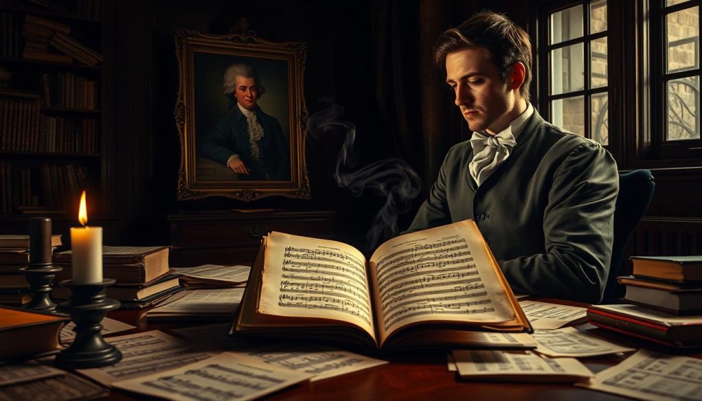 A dimly lit room filled with the scent of aged paper and music sheets scattered across a mahogany desk. In the foreground, a gentleman in 18th-century attire, wearing a modest waistcoat and cravat, is engaged in deep thought, surrounded by books on classical music and a flickering candle that casts dramatic shadows. In the middle ground, a delicate, ornate sheet of music rests open, with musical notes flowing into the air like wisps of smoke. In the background, an oil painting of Mozart hangs slightly askew, framed by heavy velvet curtains. The atmosphere is tense and mysterious, hinting at the various theories surrounding Mozart's death, evoking curiosity and contemplation. The composition should have warm, muted colors with soft, natural lighting. A dimly lit room filled with the scent of aged paper and music sheets scattered across a mahogany desk. In the foreground, a gentleman in 18th-century attire, wearing a modest waistcoat and cravat, is engaged in deep thought, surrounded by books on classical music and a flickering candle that casts dramatic shadows. In the middle ground, a delicate, ornate sheet of music rests open, with musical notes flowing into the air like wisps of smoke. In the background, an oil painting of Mozart hangs slightly askew, framed by heavy velvet curtains. The atmosphere is tense and mysterious, hinting at the various theories surrounding Mozart's death, evoking curiosity and contemplation. The composition should have warm, muted colors with soft, natural lighting.