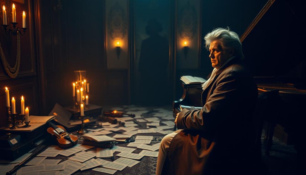 A dramatic scene capturing the essence of Mozart in a dimly lit, atmospheric room, filled with sheet music and candlelight. In the foreground, a contemplative Mozart, dressed in 18th-century attire, sits at a grand piano, his expression a mix of inspiration and turmoil as he pens the Requiem. The middle ground features scattered notes and musical instruments, hinting at the urgency of the enigmatic commission. The background showcases a shadowy figure symbolizing the mystery surrounding the Requiem’s commission, further enhancing the intrigue. Soft lighting highlights the textures of the room, creating a somber yet creative mood, while the lens captures a slight angle from above, emphasizing Mozart's isolation in his artistic struggle. A dramatic scene capturing the essence of Mozart in a dimly lit, atmospheric room, filled with sheet music and candlelight. In the foreground, a contemplative Mozart, dressed in 18th-century attire, sits at a grand piano, his expression a mix of inspiration and turmoil as he pens the Requiem. The middle ground features scattered notes and musical instruments, hinting at the urgency of the enigmatic commission. The background showcases a shadowy figure symbolizing the mystery surrounding the Requiem’s commission, further enhancing the intrigue. Soft lighting highlights the textures of the room, creating a somber yet creative mood, while the lens captures a slight angle from above, emphasizing Mozart's isolation in his artistic struggle.