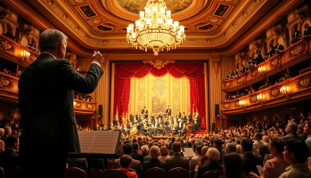 A grand theatre interior, bustling with elegantly dressed opera-goers, showcasing the spirit of classical music. In the foreground, a well-dressed conductor stands confidently at the podium, baton raised, as a vibrant orchestra tunes their instruments. The middle ground features a lavishly decorated stage with a colorful backdrop, hinting at a scene from "Le Nozze di Figaro," with ornate curtains and vintage props. The background reveals an opulent chandelier shimmering in soft, warm lighting, casting a golden glow on the audience. The atmosphere is lively yet refined, embodying the excitement and cultural richness of Mozart's opera. Focus on clarity and depth, using a slight angle to add dynamic perspective, enhancing the viewer's sense of immersion in this classic art form. A grand theatre interior, bustling with elegantly dressed opera-goers, showcasing the spirit of classical music. In the foreground, a well-dressed conductor stands confidently at the podium, baton raised, as a vibrant orchestra tunes their instruments. The middle ground features a lavishly decorated stage with a colorful backdrop, hinting at a scene from "Le Nozze di Figaro," with ornate curtains and vintage props. The background reveals an opulent chandelier shimmering in soft, warm lighting, casting a golden glow on the audience. The atmosphere is lively yet refined, embodying the excitement and cultural richness of Mozart's opera. Focus on clarity and depth, using a slight angle to add dynamic perspective, enhancing the viewer's sense of immersion in this classic art form.