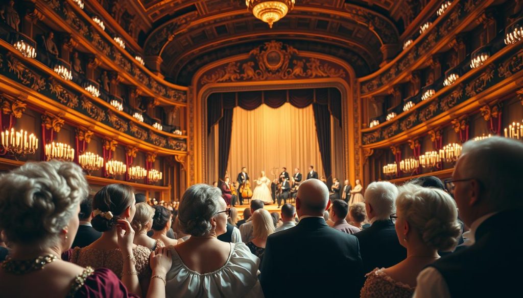 A historic scene depicting the premiere of Mozart's "Les noces de Figaro" in a grand Viennese opera house. In the foreground, elegantly dressed audience members in late 18th-century European attire, with a mix of men in powdered wigs and women in elaborate gowns, are expressing excitement and anticipation. The middle layer shows a beautifully ornate stage with a lavish set design, featuring musicians in formal attire, conducting, and playing instruments. The background captures a bustling opera house filled with warm candlelight, rich gold accents, and intricate decor, enhancing the atmosphere of sophistication and cultural significance. The focus is on warm, inviting lighting to evoke a sense of historical grandeur and emotional resonance, with a slight depth of field effect to draw attention to the foreground while softly blurring the background. A historic scene depicting the premiere of Mozart's "Les noces de Figaro" in a grand Viennese opera house. In the foreground, elegantly dressed audience members in late 18th-century European attire, with a mix of men in powdered wigs and women in elaborate gowns, are expressing excitement and anticipation. The middle layer shows a beautifully ornate stage with a lavish set design, featuring musicians in formal attire, conducting, and playing instruments. The background captures a bustling opera house filled with warm candlelight, rich gold accents, and intricate decor, enhancing the atmosphere of sophistication and cultural significance. The focus is on warm, inviting lighting to evoke a sense of historical grandeur and emotional resonance, with a slight depth of field effect to draw attention to the foreground while softly blurring the background.