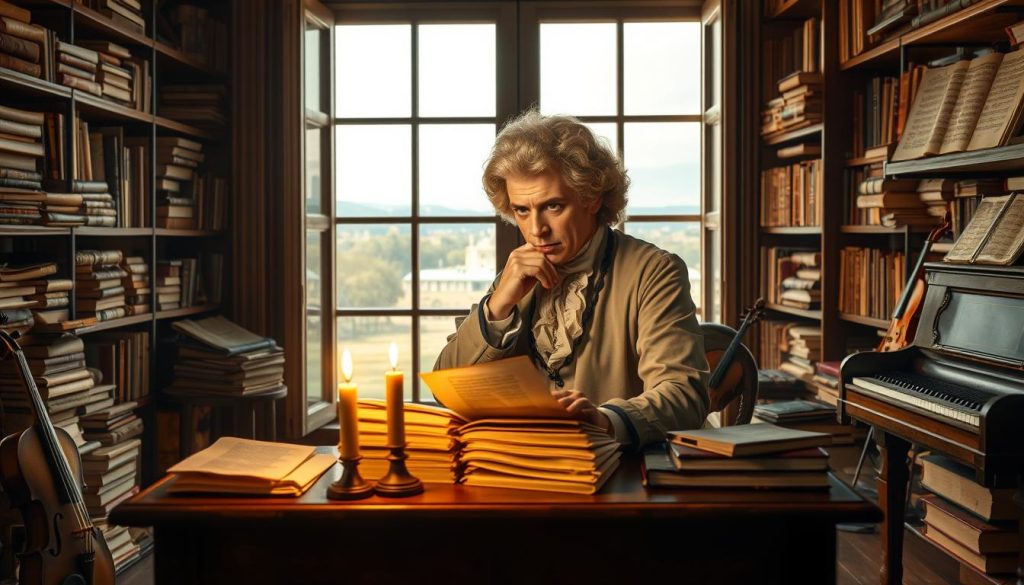 A historical scene centered around a thoughtful figure resembling Mozart, dressed in 18th-century attire, pondering over a stack of old documents and music sheets in a richly decorated study. Surround him with shelves filled with books on musicology and hearing, interspersed with musical instruments like a violin and a piano. The foreground features a candlelit desk, casting warm, inviting light that illuminates Mozart's face, highlighting his contemplation. In the background, large windows open to a view of a serene Vienna landscape, suggesting a blend of history and introspection. The atmosphere conveys a sense of curiosity and inquiry, reflecting the themes of misunderstanding and analysis regarding Mozart's hearing. A historical scene centered around a thoughtful figure resembling Mozart, dressed in 18th-century attire, pondering over a stack of old documents and music sheets in a richly decorated study. Surround him with shelves filled with books on musicology and hearing, interspersed with musical instruments like a violin and a piano. The foreground features a candlelit desk, casting warm, inviting light that illuminates Mozart's face, highlighting his contemplation. In the background, large windows open to a view of a serene Vienna landscape, suggesting a blend of history and introspection. The atmosphere conveys a sense of curiosity and inquiry, reflecting the themes of misunderstanding and analysis regarding Mozart's hearing.