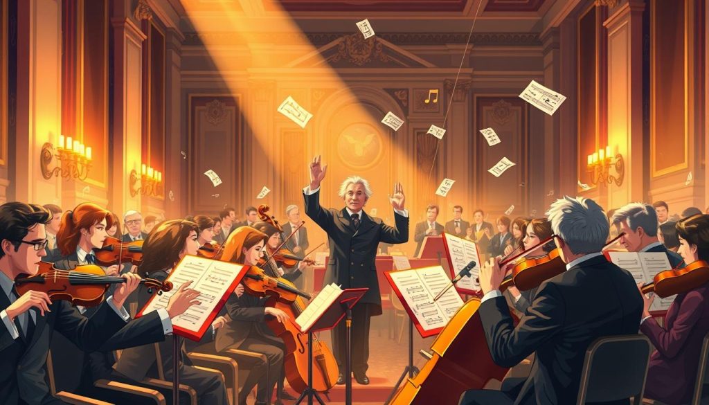 A richly detailed illustration showcasing a vibrant orchestral scene inspired by Mozart's "Les noces de Figaro." In the foreground, a diverse group of musicians in professional attire passionately playing classical instruments like violins, cellos, and woodwinds, their expressions showing deep engagement with the music. In the middle ground, an elegant conductor guides the ensemble, arms raised, embodying the drama and energy of the opera. The background features a softly lit concert hall with grand architecture, filled with subtle reflections of golden light, enhancing the atmosphere. Ethereal notes and musical sheets float in the air, symbolizing the intricate orchestration. The overall mood is one of celebration and artistic vibrancy, capturing the essence of Mozart's genius. Use warm, inviting lighting, and a slightly elevated angle to create depth and focus. A richly detailed illustration showcasing a vibrant orchestral scene inspired by Mozart's "Les noces de Figaro." In the foreground, a diverse group of musicians in professional attire passionately playing classical instruments like violins, cellos, and woodwinds, their expressions showing deep engagement with the music. In the middle ground, an elegant conductor guides the ensemble, arms raised, embodying the drama and energy of the opera. The background features a softly lit concert hall with grand architecture, filled with subtle reflections of golden light, enhancing the atmosphere. Ethereal notes and musical sheets float in the air, symbolizing the intricate orchestration. The overall mood is one of celebration and artistic vibrancy, capturing the essence of Mozart's genius. Use warm, inviting lighting, and a slightly elevated angle to create depth and focus.