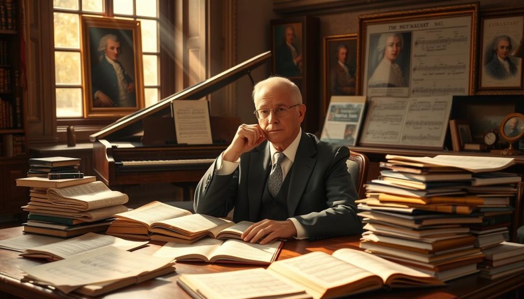 A scholarly setting featuring a distinguished, middle-aged classical music expert in professional attire seated at a large wooden desk, surrounded by piles of open books and sheet music on Mozart. The expert is deep in thought, with one hand raised to their chin, contemplating the complexities of Mozart's works. Soft, warm lighting streams through a large window, illuminating dust particles in the air and creating a cozy atmosphere. In the background, a grand piano adorned with framed portraits of Mozart and contemporary charts analyzing his compositions reflect the theme of demystifying the legendary composer. The overall mood is intellectual and contemplative, inviting viewers to rethink preconceived notions about Mozart. A scholarly setting featuring a distinguished, middle-aged classical music expert in professional attire seated at a large wooden desk, surrounded by piles of open books and sheet music on Mozart. The expert is deep in thought, with one hand raised to their chin, contemplating the complexities of Mozart's works. Soft, warm lighting streams through a large window, illuminating dust particles in the air and creating a cozy atmosphere. In the background, a grand piano adorned with framed portraits of Mozart and contemporary charts analyzing his compositions reflect the theme of demystifying the legendary composer. The overall mood is intellectual and contemplative, inviting viewers to rethink preconceived notions about Mozart.