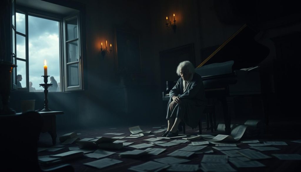 A somber, atmospheric scene depicting the last hours of Wolfgang Amadeus Mozart in his dimly lit chamber. In the foreground, a frail, contemplative figure of Mozart, dressed in modest 18th-century attire, sits beside a grand piano, surrounded by scattered sheets of music. The middle ground features a flickering candle casting shadows on the walls, and an open window revealing a stormy sky. In the background, faint images of mourning figures, possibly family or friends in period-appropriate clothing, can be seen, adding to the sense of loss. The lighting should be soft and muted, emphasizing the melancholic mood, with a shallow depth of field to focus on Mozart while creating an immersive, emotional atmosphere. A somber, atmospheric scene depicting the last hours of Wolfgang Amadeus Mozart in his dimly lit chamber. In the foreground, a frail, contemplative figure of Mozart, dressed in modest 18th-century attire, sits beside a grand piano, surrounded by scattered sheets of music. The middle ground features a flickering candle casting shadows on the walls, and an open window revealing a stormy sky. In the background, faint images of mourning figures, possibly family or friends in period-appropriate clothing, can be seen, adding to the sense of loss. The lighting should be soft and muted, emphasizing the melancholic mood, with a shallow depth of field to focus on Mozart while creating an immersive, emotional atmosphere.