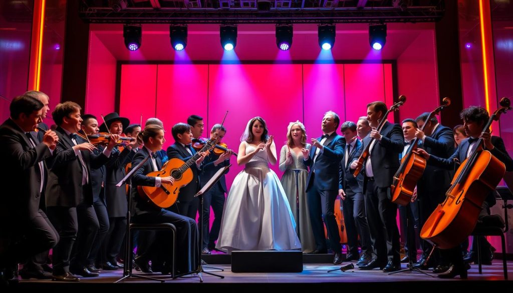 A vibrant and contemporary interpretation of Mozart’s "The Marriage of Figaro," featuring a dynamic stage scene. In the foreground, a diverse group of musicians passionately playing modern instruments, blending classical and contemporary styles. The middle layer showcases actors in stylish, professional attire, embodying the iconic characters of Figaro, Susanna, and Almaviva, engaged in an expressive, dramatic moment. The background depicts a sleek, modern set design with bold colors and innovative lighting, creating a lively atmosphere. Soft, dramatic spotlights illuminate the scene, enhancing the emotional intensity and energy. The overall mood is a blend of excitement and creativity, highlighting the timelessness of Mozart’s work. A vibrant and contemporary interpretation of Mozart’s "The Marriage of Figaro," featuring a dynamic stage scene. In the foreground, a diverse group of musicians passionately playing modern instruments, blending classical and contemporary styles. The middle layer showcases actors in stylish, professional attire, embodying the iconic characters of Figaro, Susanna, and Almaviva, engaged in an expressive, dramatic moment. The background depicts a sleek, modern set design with bold colors and innovative lighting, creating a lively atmosphere. Soft, dramatic spotlights illuminate the scene, enhancing the emotional intensity and energy. The overall mood is a blend of excitement and creativity, highlighting the timelessness of Mozart’s work.