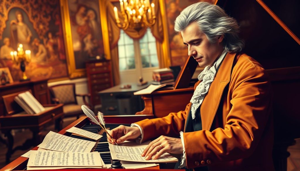 A vibrant and detailed portrait of Wolfgang Amadeus Mozart at a grand piano, with music sheets scattered around him, depicting a moment of creative inspiration. In the foreground, Mozart is shown in an 18th-century elegant coat, focused on composing, with expressions of passion and concentration. The middle ground features the piano, adorned with quills and ink pots, symbolizing his musical genius. In the background, a softly illuminated room with rich tapestries and classical decor enhances the atmosphere of a musical sanctuary. Soft, warm lighting casts gentle shadows, creating an inviting and vibrant mood. The scene captures the essence of a healthy, thriving Mozart, immersed in his art. A vibrant and detailed portrait of Wolfgang Amadeus Mozart at a grand piano, with music sheets scattered around him, depicting a moment of creative inspiration. In the foreground, Mozart is shown in an 18th-century elegant coat, focused on composing, with expressions of passion and concentration. The middle ground features the piano, adorned with quills and ink pots, symbolizing his musical genius. In the background, a softly illuminated room with rich tapestries and classical decor enhances the atmosphere of a musical sanctuary. Soft, warm lighting casts gentle shadows, creating an inviting and vibrant mood. The scene captures the essence of a healthy, thriving Mozart, immersed in his art.