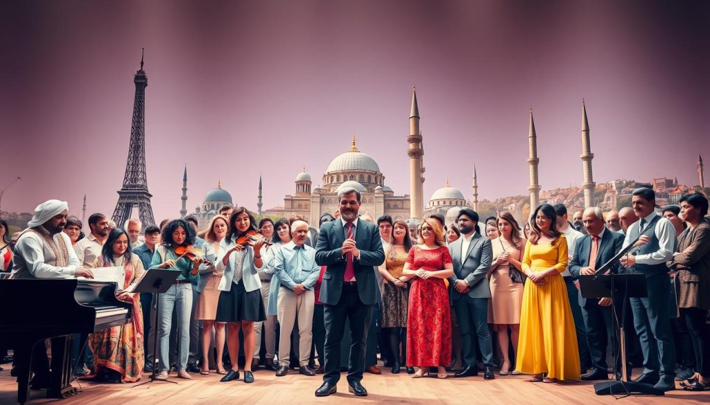 A vibrant scene depicting the global influence and reception of Mozart's "Turkish March." In the foreground, a diverse group of musicians, including a violinist, a pianiste, and a percussionist, are engaged in a lively performance, showcasing their traditional attire from various cultures. In the middle ground, an audience from different parts of the world, dressed in modern casual clothing and professional business attire, watches in admiration, reflecting joy and appreciation for the music. In the background, iconic landmarks from various countries blend seamlessly—from the Eiffel Tower in France to the minarets of Istanbul—symbolizing the worldwide reach of this musical piece. Soft, warm lighting illuminates the scene, evoking a celebratory and harmonious atmosphere, emphasizing connection and cultural exchange. The angle captures the performers slightly from below to emphasize their musical passion.